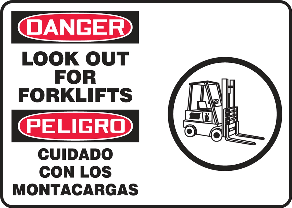 Safety Sign, Header: DANGER, Legend: LOOK OUT FOR FORKLIFTS (W/GRAPHIC) (BILINGUAL)