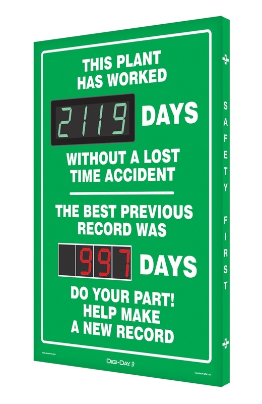 Digi-Day® 3 Electronic Scoreboards: This Plant Has Worked _ Days Without A Lost Time Accident - The Best Previous Record was _ Days - Do Your Part!