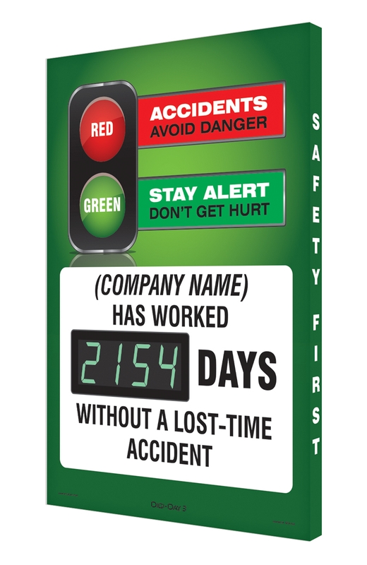 Semi-Custom Digi-Day® 3 Electronic Scoreboards: Accidents Avoid Danger Stay Alert Don't Get Hurt (Name Here) Has Worked ___ Days Without A Lost Time