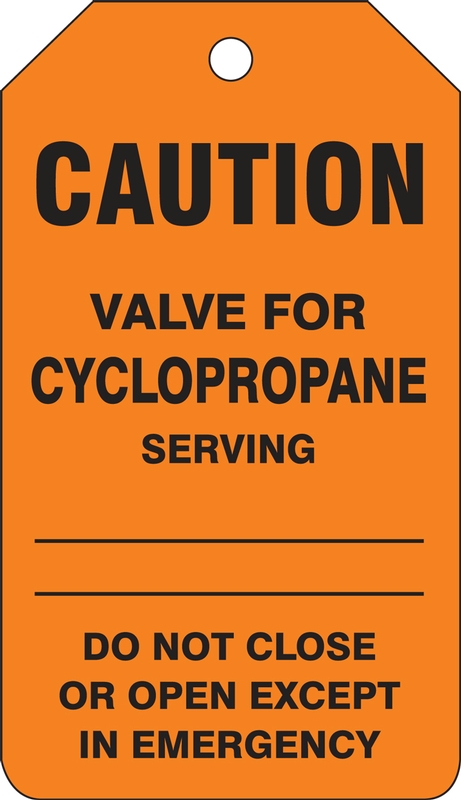 Safety Tag, Legend: CAUTION VALVE FOR CYCLOPROPANE SERVING DO NOT CLOSE OR OPEN EXCEPT IN EMERGENCY