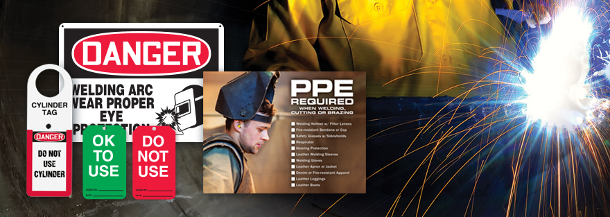 Welding safety signs, tags and poster with welding arc