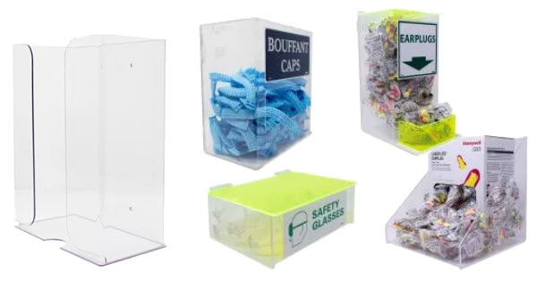 Clear acrylic dispensers for PPE items including safety glasses, ear plugs, caps and gloves