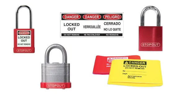 Padlocks and lock labels used in lockout-tagout procedures