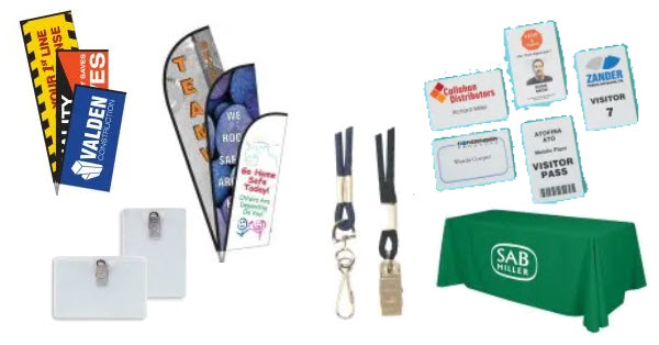 Safety and HR recognition supplies: pennant flags, name badges, and custom table covers