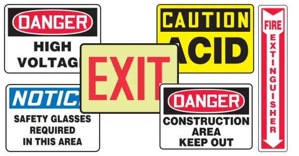 Safety signs for PPE, construction, fire safety, chemicals and electrical hazrds