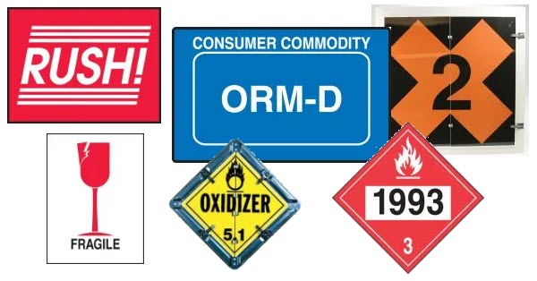 Shipping labels and placards for DOT, military or standard shipments