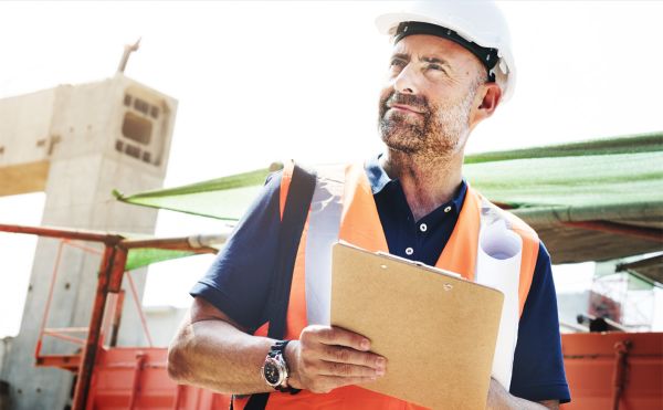 Man with hard hat and clip board hero image for OSHA top 10