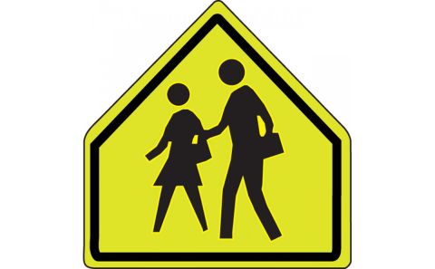 USED STREET SIGN SCHOOL CROSSING YELLOW/GREEN w/BLACK DETAILS