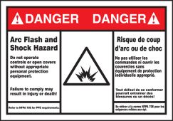 Bilingual ANSI Danger Arc Flash Protection Label: Arc Flash And Shock Hazard