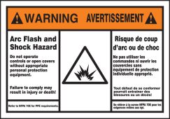 Bilingual ANSI Warning Arc Flash Protection Label: Arc Flash And Shock Hazard