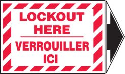 Bilingual Lockout/Tagout Label: Lockout Here (With Arrow)