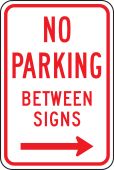Traffic Sign: No Parking Between Signs (Right Arrow)