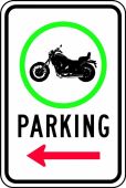 Traffic Sign: (Motorcycle Graphic) Parking (Left Arrow)