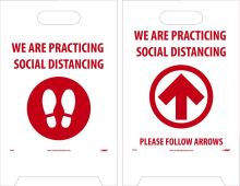SOCIAL DIST., FOOTPRT/ARROW, RED DBL-SIDED FLOOR SIGN