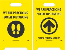 SOCIAL DIST., FOOTPRT/ARROW, YELLOW DBL-SIDED FLOOR SIGN
