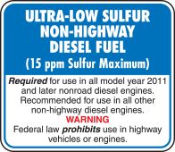 Safety Label: Ultra-Low Sulfur Non-Highway Diesel Fuel - 15 PPM Sulfur Maxiumum - Required For Use In All Model