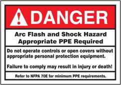 ANSI Danger Safety Label: Arc Flash And Shock Hazard - Appropriate PPE Required