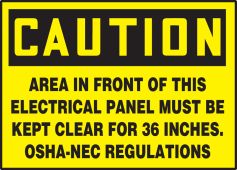 OSHA Caution Safety Label: Area In Front Of This Electrical Panel Must Be Kept Clear For 36 Inches - OSHA-NEC Regulations
