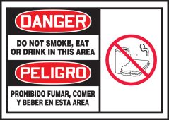 Bilingual OSHA Danger Safety Label: Do Not Smoke, Eat Or Drink In This Area