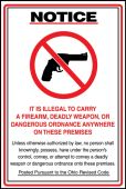 Ohio Weapon Revised Code Safety Sign: Notice - It Is Illegal To Carry A Firearm Deadly Weapon Or Dangerous Ordnance Anywhere On These Premises