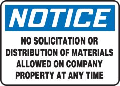 OHSA Notice Safety Sign: No Solicitation Or Distribution Of Materials