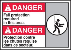 Bilingual ANSI Danger Safety Sign: Fall Protection Required in This Area