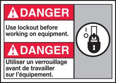 Bilingual ANSI Danger Safety Sign: Use Lockout Before Working On Equipment