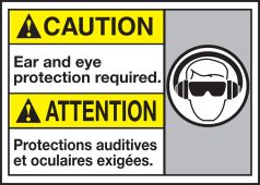 Bilingual ANSI Caution Safety Sign: Ear and Eye Protection Required