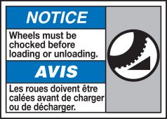 Bilingual ANSI ISO Notice Sign: Wheels Must Be Chocked Before Loading or Unloading