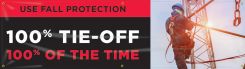 Safety Banner: Use Fall Protection 100% Tie-Off 100% Of The Time (red)