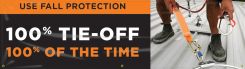 Safety Banner: Use Fall Protection 100% Tie-Off 100% Of The Time (orange)