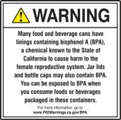 Prop 65 Food And Beverage Cans BPA Exposure Safety Sign: Reproductive Harm