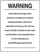 Prop 65 Food and Beverage Exposure Warnings for Restaurants Safety Sign: Cancer