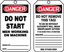 OSHA Danger Safety Tag: Do Not Start - Men Working on Machine