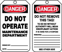 OSHA Danger Safety Tag: Do Not Operate - Maintenance Department