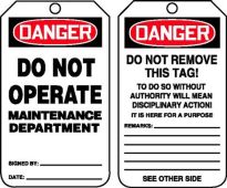 OSHA Danger Safety Tag: Do Not Operate - Maintenance Department