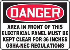 OSHA Danger Safety Sign: Area In Front Of This Electrical Panel Must Be Kept Clear For 36 Inches - OSHA-NEC Regulations