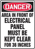 OSHA Danger Safety Sign: Area In Front Of Electrical Panel Must Be Kept Clear For 36 Inches