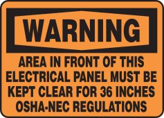 OSHA Warning Safety Sign: Area In Front Of This Electrical Panel Must Be Kept Clear For 36 Inches - OSHA-NEC Regulations
