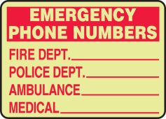 Glow Fire Safety Sign: Emergency Phone Numbers
