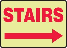 Glow-In-The-Dark Safety Sign: Stairs (Right Arrow)