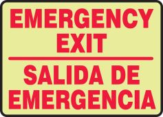 Bilingual Glow-In-The-Dark Safety Sign: Emergency Exit