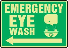Glow-In-The-Dark Safety Sign: Emergency Eye Wash (Left Arrow)