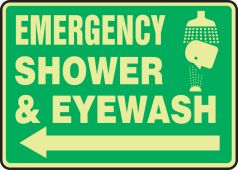 Glow-In-The-Dark Safety Sign: Emergency Shower & Eyewash (Left Arrow)