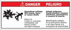 Bilingual ANSI Danger Safety Label: Hazardous Voltage - Will Shock, Burn Or Cause Death (Mr. Ouch)