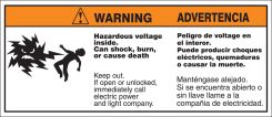 Bilingual ANSI Warning Safety Label: Hazardous Voltage Inside - Can Shock, Burn Or Cause Death (Mr. Ouch)