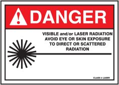 ANSI Danger Safety Sign: Visible And/Or Laser Radiation - Avoid Eye Or Skin Exposure To Direct Or Scattered Radiation