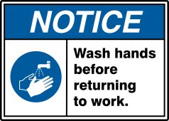 ANSI ISO Notice Safety Signs: Wash Hands Before Returning To Work.