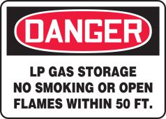 OSHA Danger Safety Sign: LP Gas Storage - No Smoking Or Open Flames Within 50 FT.