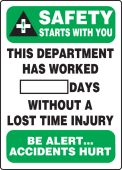 Write-A-Day Scoreboards: Safety Starts With You - This Department Has Worked _ Days Without A Lost Time Injury - Be Alert Accidents Hurt